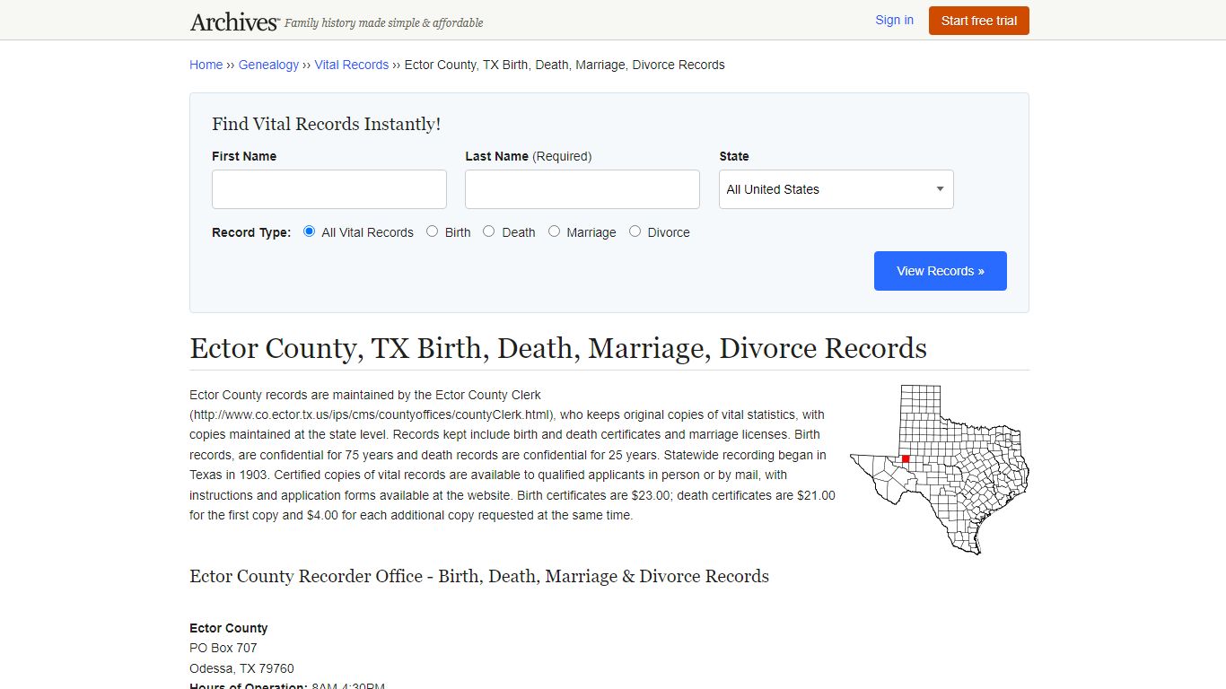 Ector County, TX Birth, Death, Marriage, Divorce Records